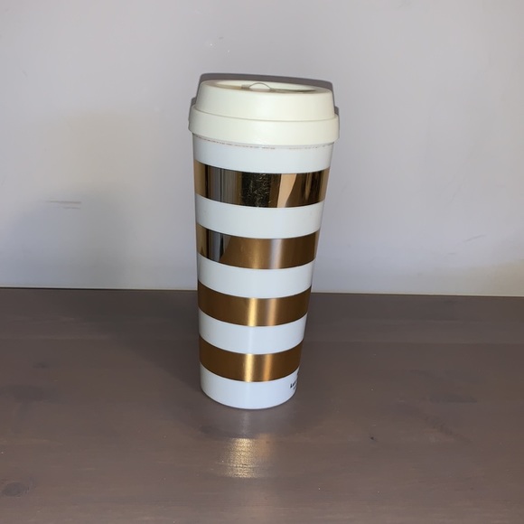 Kate Spade Cream and Gold Striped Plastic To-Go Cup - Picture 5 of 9
